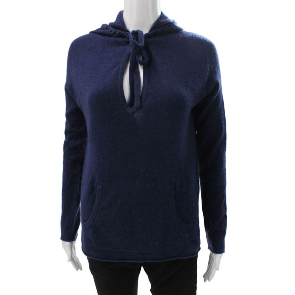 360 Cashmere Womens Pullover Hoodie Cashmere V Neck Blue Long Sleeve Size XS